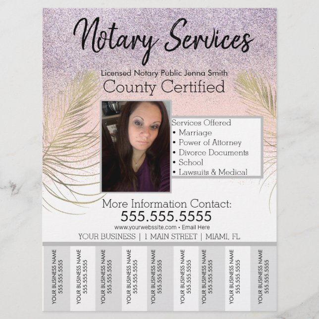 Flyer Servicios Notariales Pink Gold Glitter Tear Off Fo (Frente)
