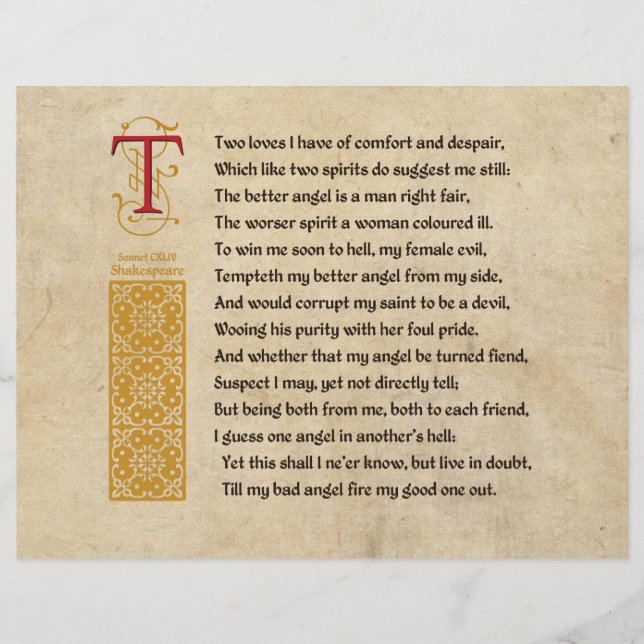 Flyer Shakespeare Sonnet 144 (CXLIV) sobre pergamino (Frente)