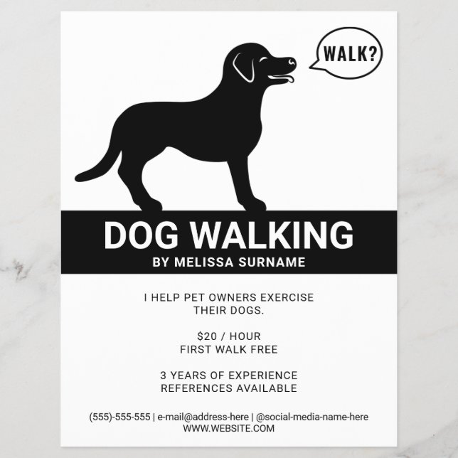 Flyer Silueta Negra De Perro Que Dice Paseo - Paseador D (Frente)