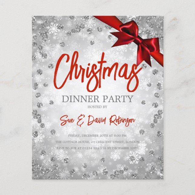 Flyer Silver DiamondGlitter Christmas Holiday Red Invite (Frente)