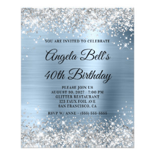 Flyer Silver Glitter Pale Blue 40th Birthday Invite