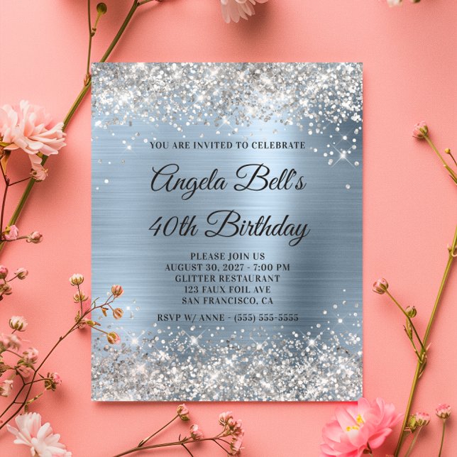 Flyer Silver Glitter Pale Blue 40th Birthday Invite (Silver Glitter Pale Blue 40th Birthday Invite Flyer)