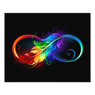 Flyer Símbolo infinito con plumas arcoiris