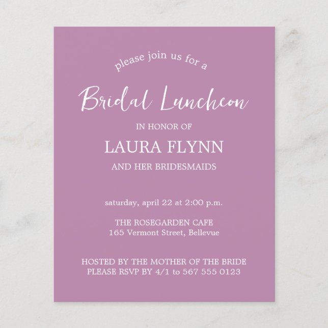 Flyer Simple Lavender Budget Bridal Luncheon Invitación (Frente)