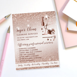 Flyer Sirvienta Limpiando Casa Brillante Rosa Dorado