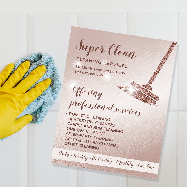Flyer Sirvienta Limpiando Casa Brillante Rosa Dorado (Subido por el creador)