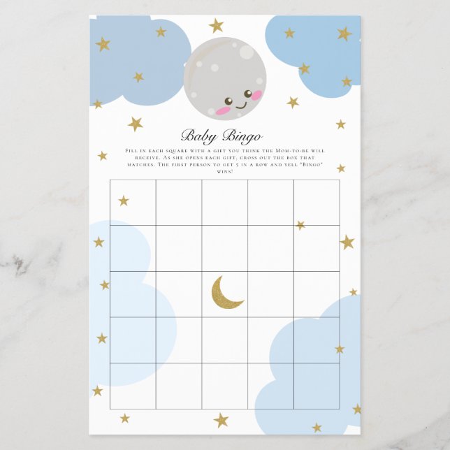 Flyer Sobre la luna juego de bingo de Baby Shower Kawaii (Frente)