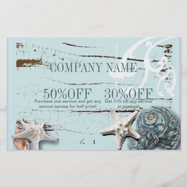 Flyer SPA azul aguamarina playa madera estrella de mar c (Frente)