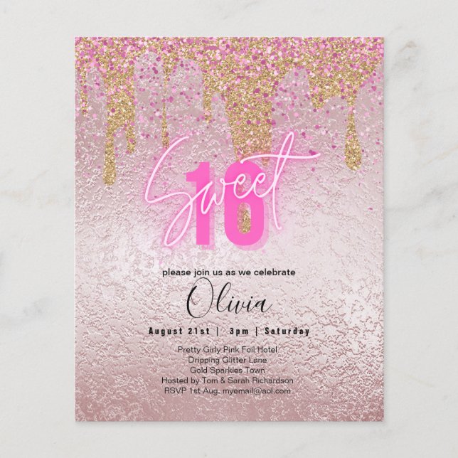 Flyer Sparkles Sweet16 Bonito Girly Pink 16º cumpleaños (Frente)