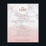 Flyer su logotipo en mármol rosa y purpurina falso<br><div class="desc">volante de artista profesional de maquillaje en salón de belleza</div>