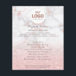 Flyer su logotipo en mármol rosa y purpurina falso<br><div class="desc">volante de artista profesional de maquillaje en salón de belleza</div>