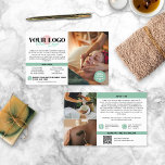 Flyer Suave Verde Fotos Logo QR Spa Salón<br><div class="desc">Volante de marketing con detalles suaves en verde para un spa, salón, terapeuta de masajes o más con tus fotos, logotipo y código QR. Agrega tu texto, tus servicios, una oferta de descuento, información de contacto, dirección, horas de apertura, un texto sobre ti, redes sociales y más. Volante promocional de...</div>