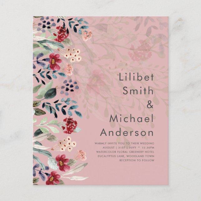 Flyer Sublime Burgundy Blue Wildflowers Boda Elegante (Frente)