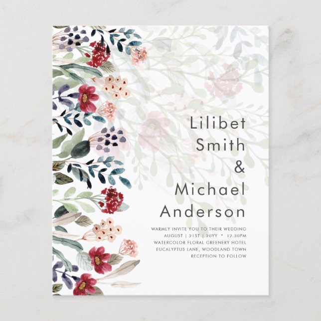 Flyer Sublime Burgundy Blue Wildflowers Boda Elegante (Frente)