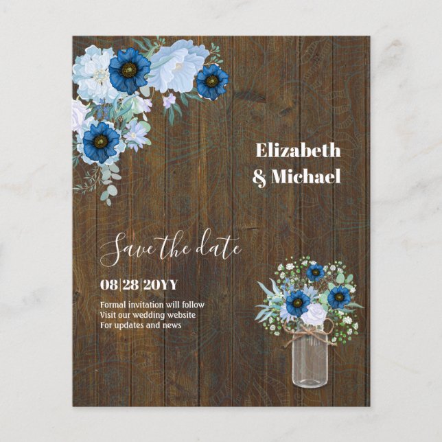 Flyer Sublime Dusty Blue Floral Mason Jar Boda (Frente)