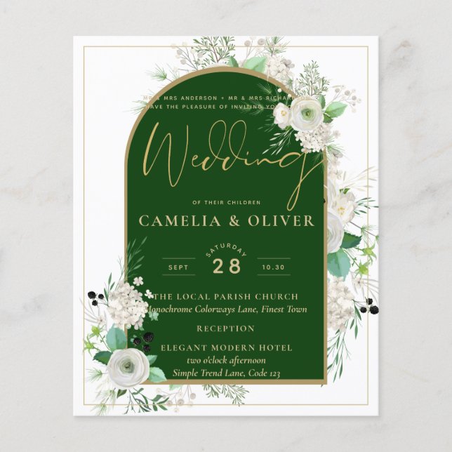 Flyer Summer White Roses Emerald Green Arch Wedding (Frente)
