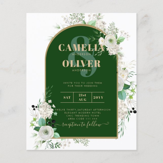Flyer Summer White Roses Emerald Greenery Wedding (Frente)