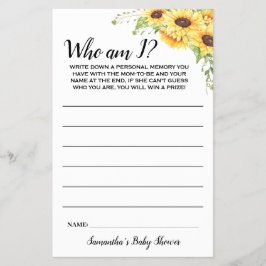 Flyer Sunflower Quién soy la tarjeta de juego de Baby Sh