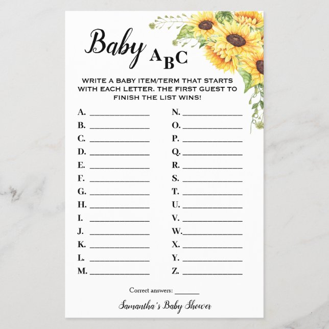 Flyer Sunflowers Baby Baby Shower Game Card (Frente)