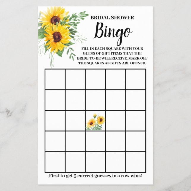 Flyer Sunflowers Greenery Bridal Shower Bingo Game Card (Frente)