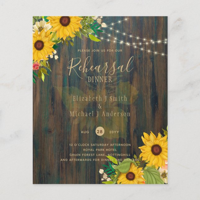 Flyer Sunflowers Rustic Wood Boda REHEARSAL CENNER (Frente)