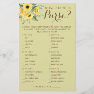 Flyer Sunflowers What in your Purse Shower Game Card