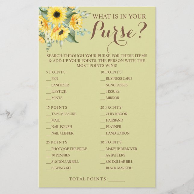 Flyer Sunflowers What in your Purse Shower Game Card (Frente)