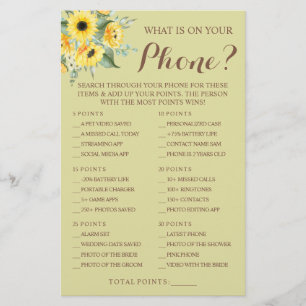 Flyer Sunflowers What is on your Phone Shower Game Card