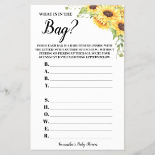 Flyer Sunflowers What's in the Bag Baby Shower Game card