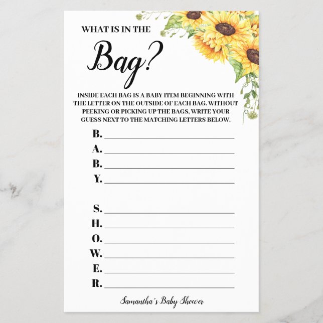 Flyer Sunflowers What's in the Bag Baby Shower Game card (Frente)