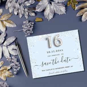 Flyer Sweet 16 baby blue silver budget save the date