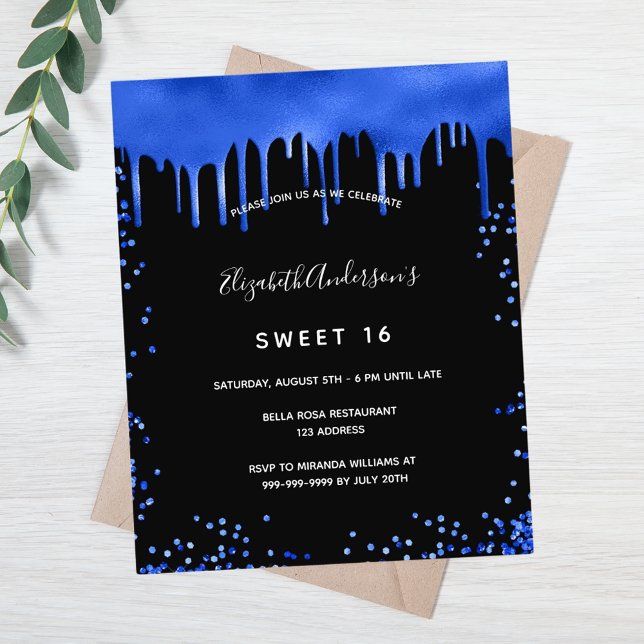 Flyer Sweet 16 black royal blue budget guest (Subido por el creador)