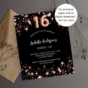 Flyer Sweet 16 estrellas de oro rosa negro invitación pr