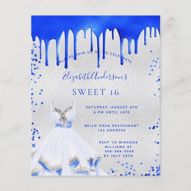Flyer Sweet 16 invitación real de plata azul para presup (Frente)