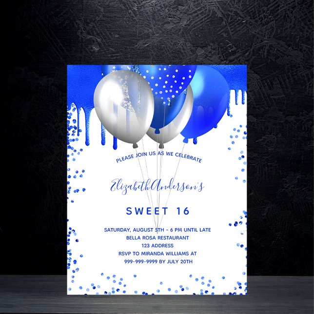 Flyer Sweet 16 invitación real de presupuesto blanco azu (Subido por el creador)