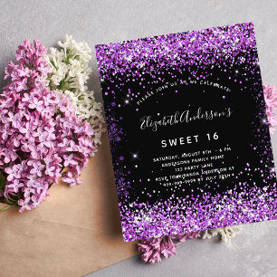 Flyer Sweet 16 purpurina negro morado invitación presupu