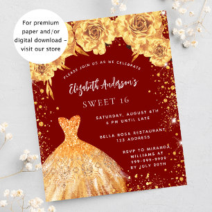 Flyer Sweet 16 rojo vestido de oro invitación rosa presu