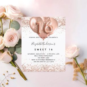 Flyer Sweet 16 rosa de globos de oro invitación al presu