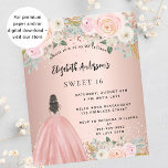 Flyer Sweet 16 rosa flores de oro vestido invitación pre<br><div class="desc">Tenga en cuenta que esta invitación está en papel de volante y es muy delgada. Los sobres no están incluidos. Para invitaciones más gruesas (el mismo diseño) visite nuestra tienda. Una invitación moderna, elegante y glamurosa para una fiesta de 16 y 16 años. Un fondo dorado rosa con flores rosadas...</div>