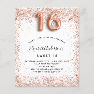 Flyer Sweet 16 rosa invitación a presupuesto blanco