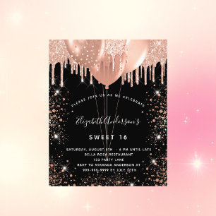 Flyer Sweet 16 rosa negro purpurina de oro invitación pr