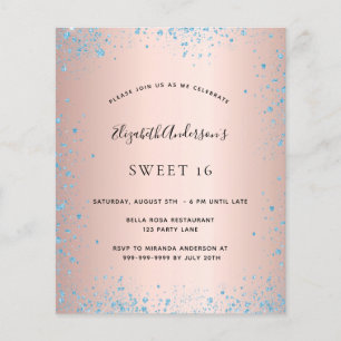 Flyer Sweet 16 rosa purpurina de oro azul invitación al