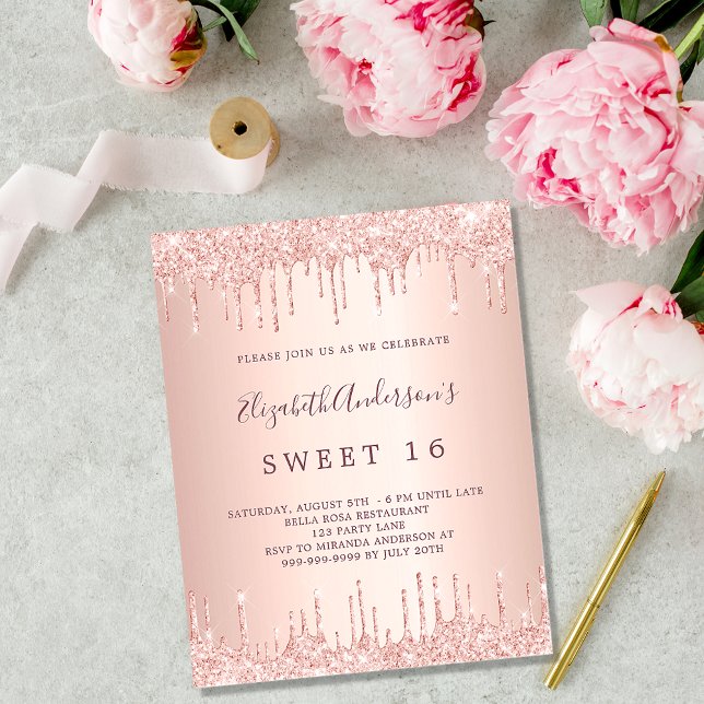 Flyer Sweet 16 rosa purpurina oro gotea invitación presu (Subido por el creador)