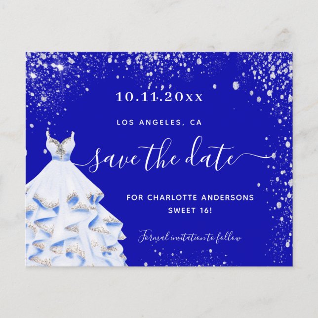Flyer Sweet 16 royal blue dress budget save the date (Frente)
