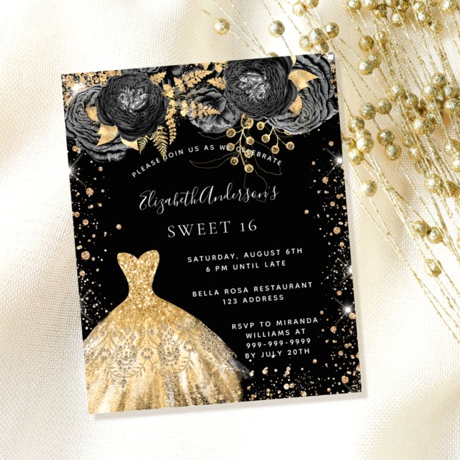Flyer Sweet 16 vestido de oro negro invitación presupues (Subido por el creador)