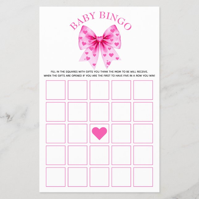 Flyer Sweetheart pink bow baby girl shower Bingo game (Frente)