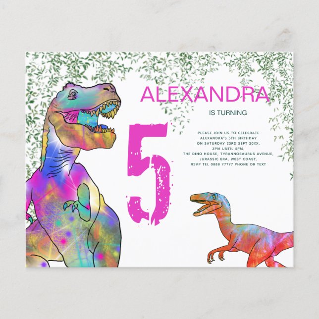 Flyer T Rex 5º cumpleaños Invitación a presupuesto de pa (Frente)