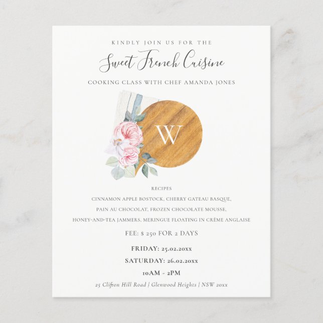 Flyer Tablero de Cortar Blush Floral Clase de Cocina de  (Frente)