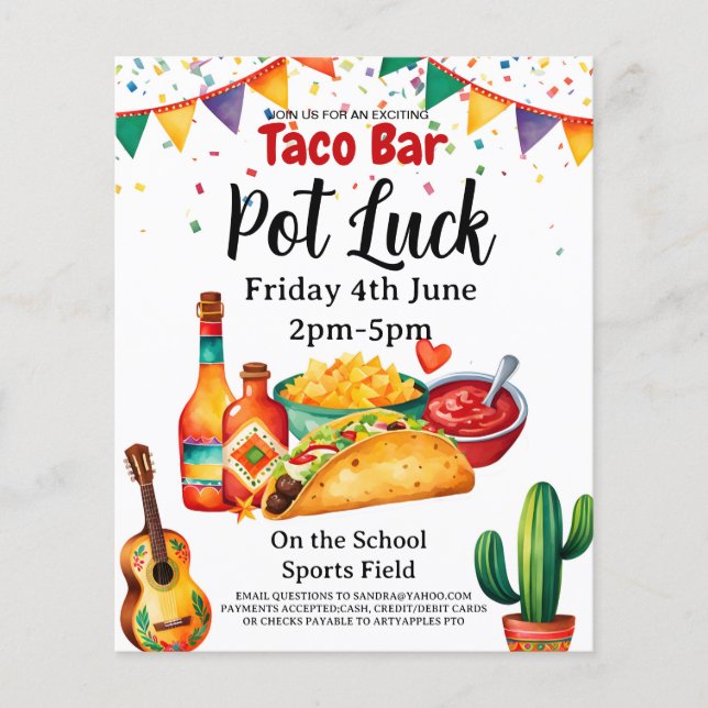 Flyer taco bar Pot luck Fiesta recaudación de fondos (Frente)