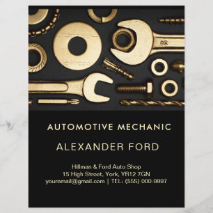 Flyer taller mecánico de automóviles acero dorado metáli
